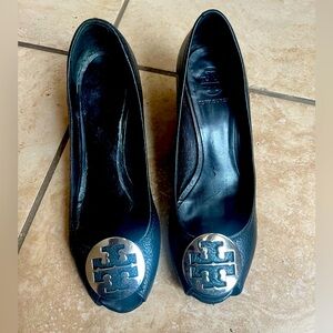 Tory Burch Black Leather Wedge Heels